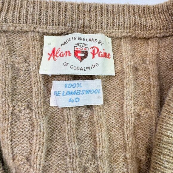 Alan Paine Vest Womens Large Eu40 Tan Lambswool Cable Knit Sweater Grandpa - Picture 2 of 6